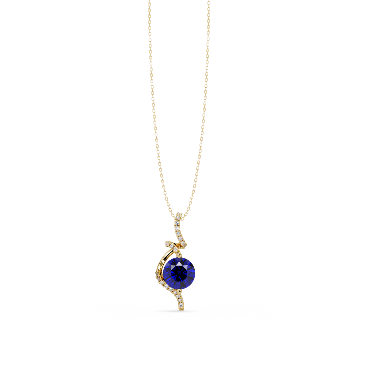 2.0 CTW Round Swirl Halo Colorstone Pendant Necklace – Sapphire Royal Blue – 14K Yellow Gold