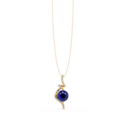 2.0 CTW Round Swirl Halo Colorstone Pendant Necklace – Sapphire Royal Blue – 14K Yellow Gold