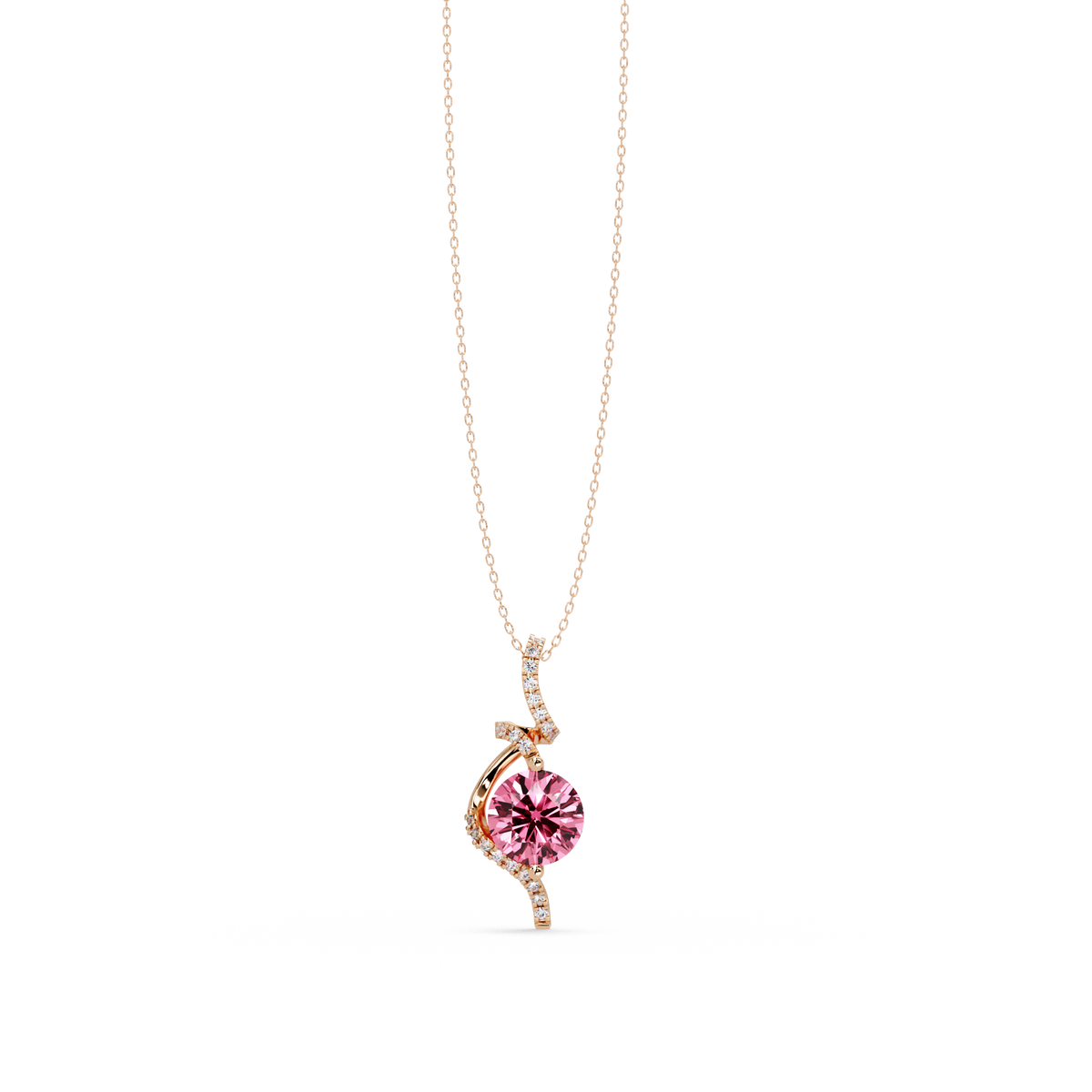 2.0 CTW Round Swirl Halo Colorstone Pendant Necklace – Tourmaline Rose Pink – 14K Rose Gold