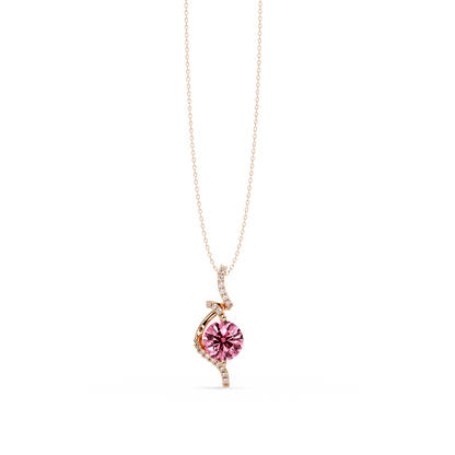 2.0 CTW Round Swirl Halo Colorstone Pendant Necklace – Tourmaline Rose Pink – 14K Rose Gold