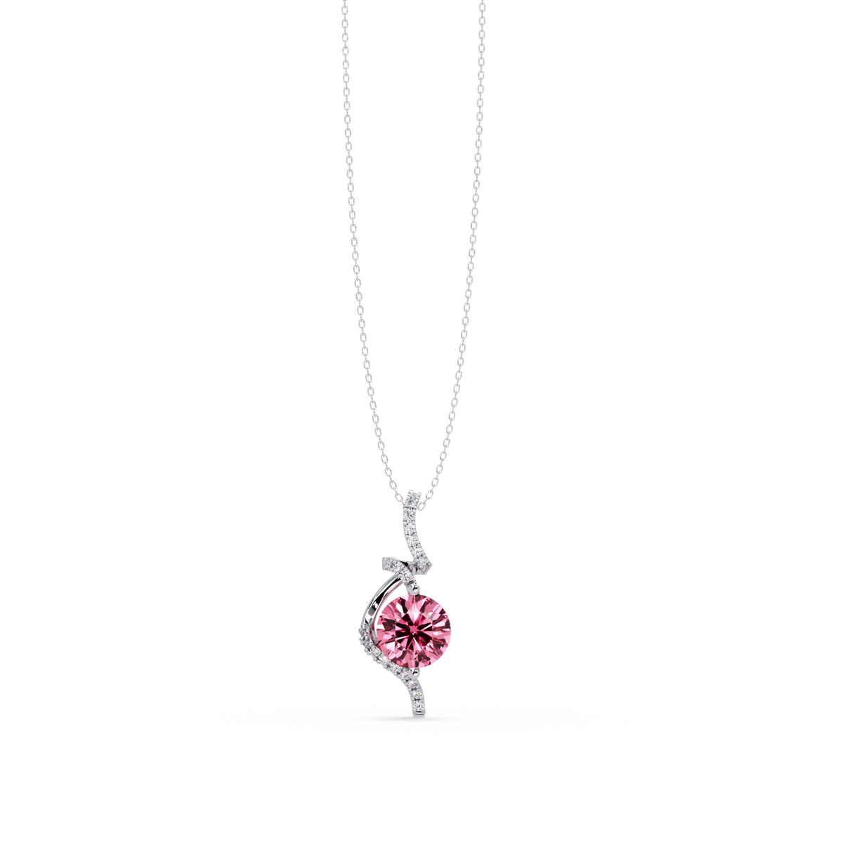 2.0 CTW Round Swirl Halo Colorstone Pendant Necklace – Tourmaline Rose Pink – 14K White Gold