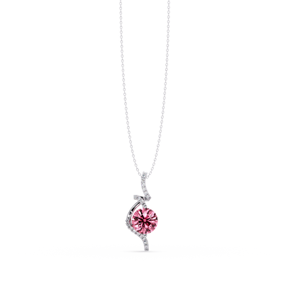 2.0 CTW Round Swirl Halo Colorstone Pendant Necklace – Tourmaline Rose Pink – 14K White Gold
