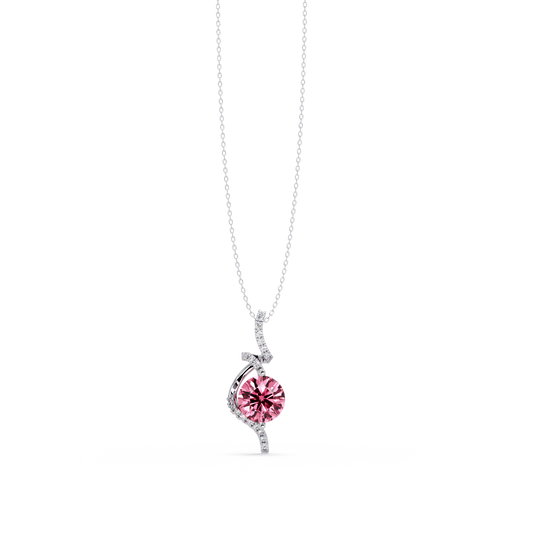 2.0 CTW Round Swirl Halo Colorstone Pendant Necklace – Tourmaline Rose Pink – 14K White Gold
