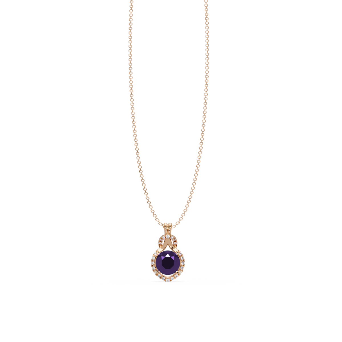 2.1 CTW Round Halo Circle Colorstone Pendant Necklace – Amethyst Lavender – 14K Rose Gold
