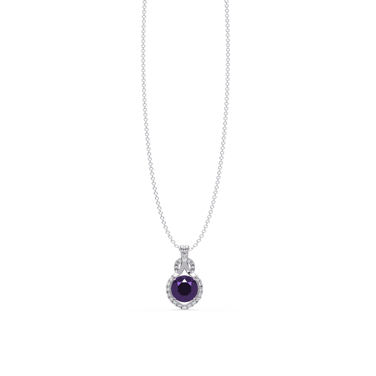 2.1 CTW Round Halo Circle Colorstone Pendant Necklace – Amethyst Lavender – 14K White Gold