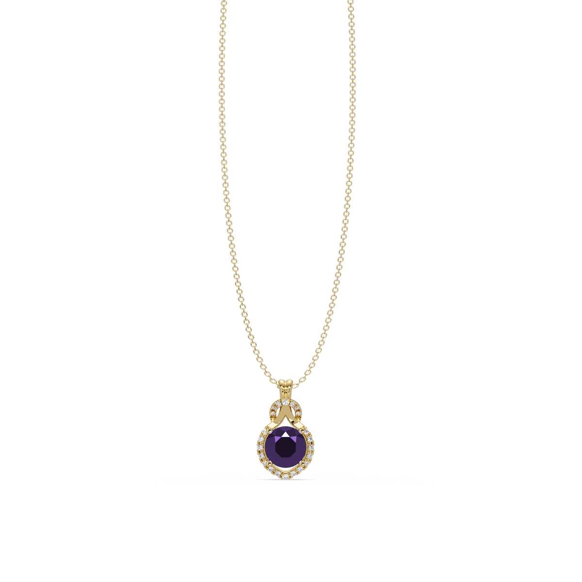 2.1 CTW Round Halo Circle Colorstone Pendant Necklace – Amethyst Lavender – 14K Yellow Gold