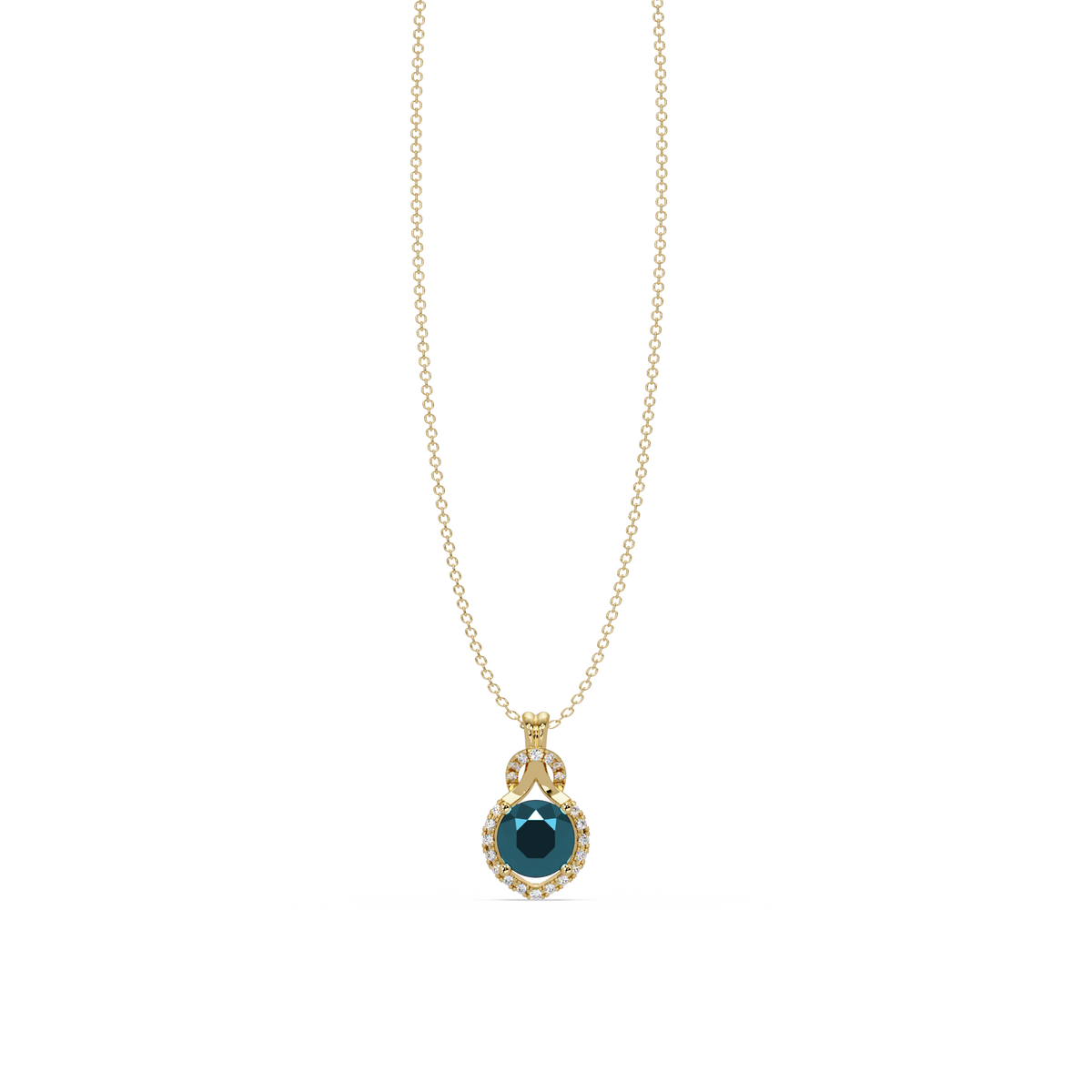 2.1 CTW Round Halo Circle Colorstone Pendant Necklace – Aquamarine Sky Blue – 14K Yellow Gold