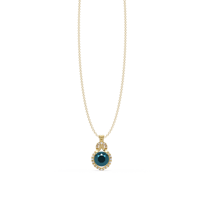 2.1 CTW Round Halo Circle Colorstone Pendant Necklace – Aquamarine Sky Blue – 14K Yellow Gold