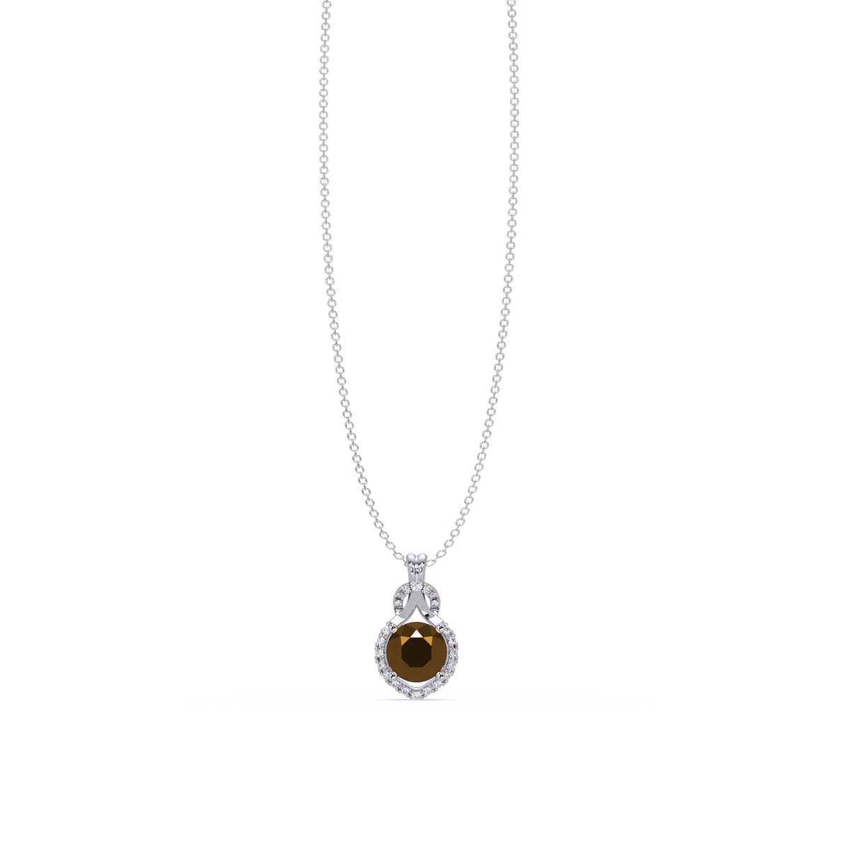2.1 CTW Round Halo Circle Colorstone Pendant Necklace – Champagne Topaz Amber – 14K White Gold