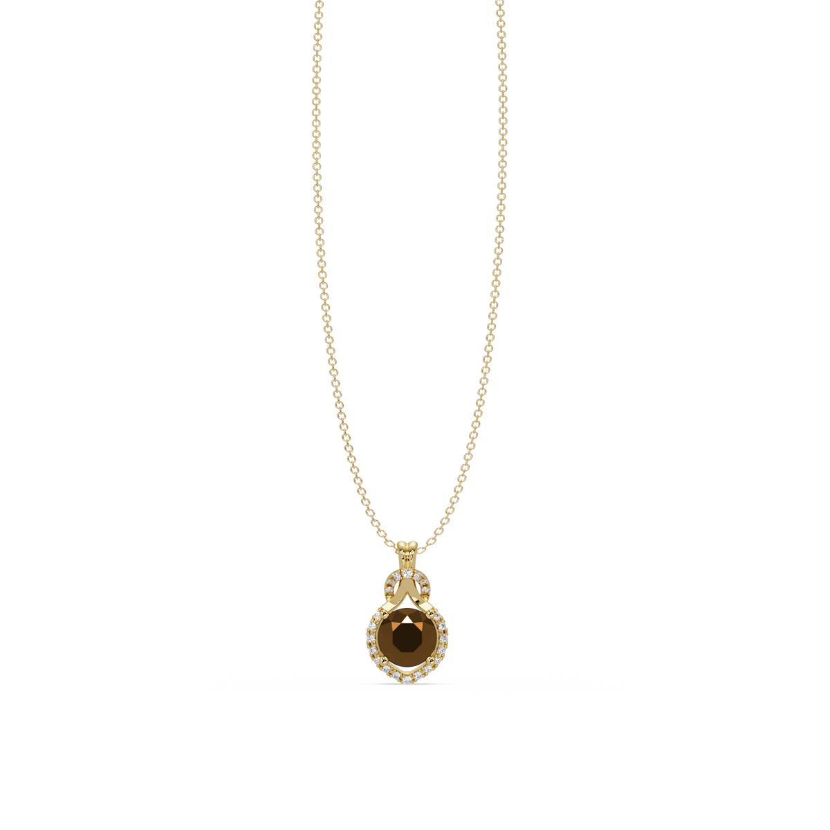 2.1 CTW Round Halo Circle Colorstone Pendant Necklace – Champagne Topaz Amber – 14K Yellow Gold