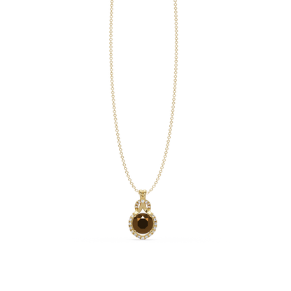 2.1 CTW Round Halo Circle Colorstone Pendant Necklace – Champagne Topaz Amber – 14K Yellow Gold