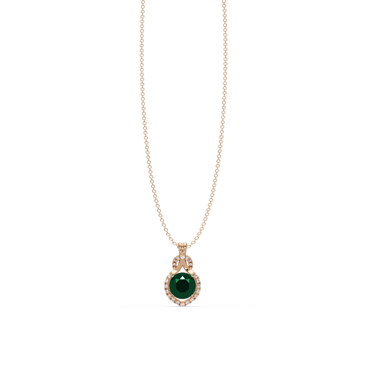 2.1 CTW Round Halo Circle Colorstone Pendant Necklace – Emerald Deep Green – 14K Rose Gold