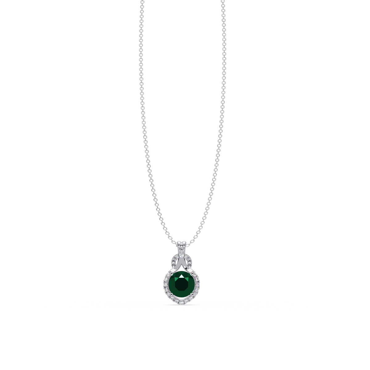 2.1 CTW Round Halo Circle Colorstone Pendant Necklace – Emerald Deep Green – 14K White Gold