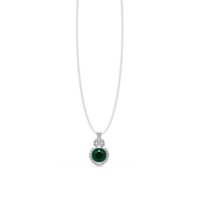 2.1 CTW Round Halo Circle Colorstone Pendant Necklace – Emerald Deep Green – 14K White Gold