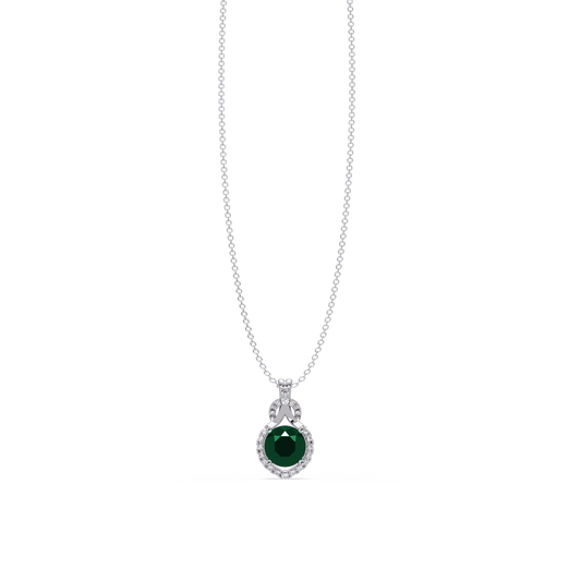 2.1 CTW Round Halo Circle Colorstone Pendant Necklace – Emerald Deep Green – 14K White Gold