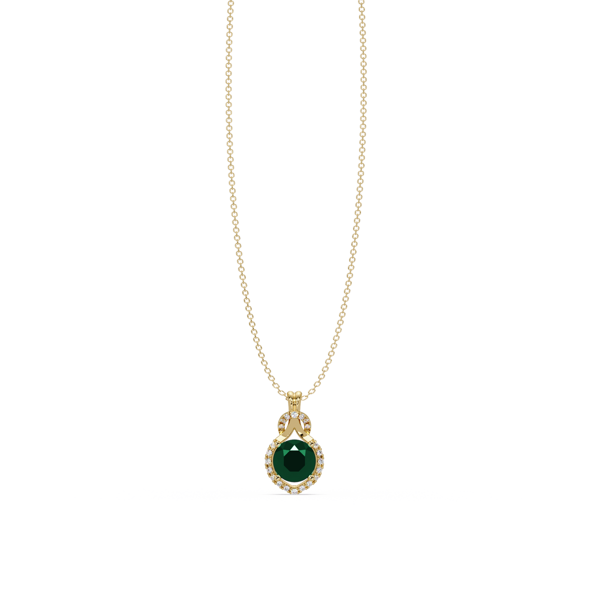 2.1 CTW Round Halo Circle Colorstone Pendant Necklace – Emerald Deep Green – 14K Yellow Gold