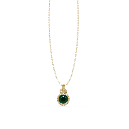 2.1 CTW Round Halo Circle Colorstone Pendant Necklace – Emerald Deep Green – 14K Yellow Gold
