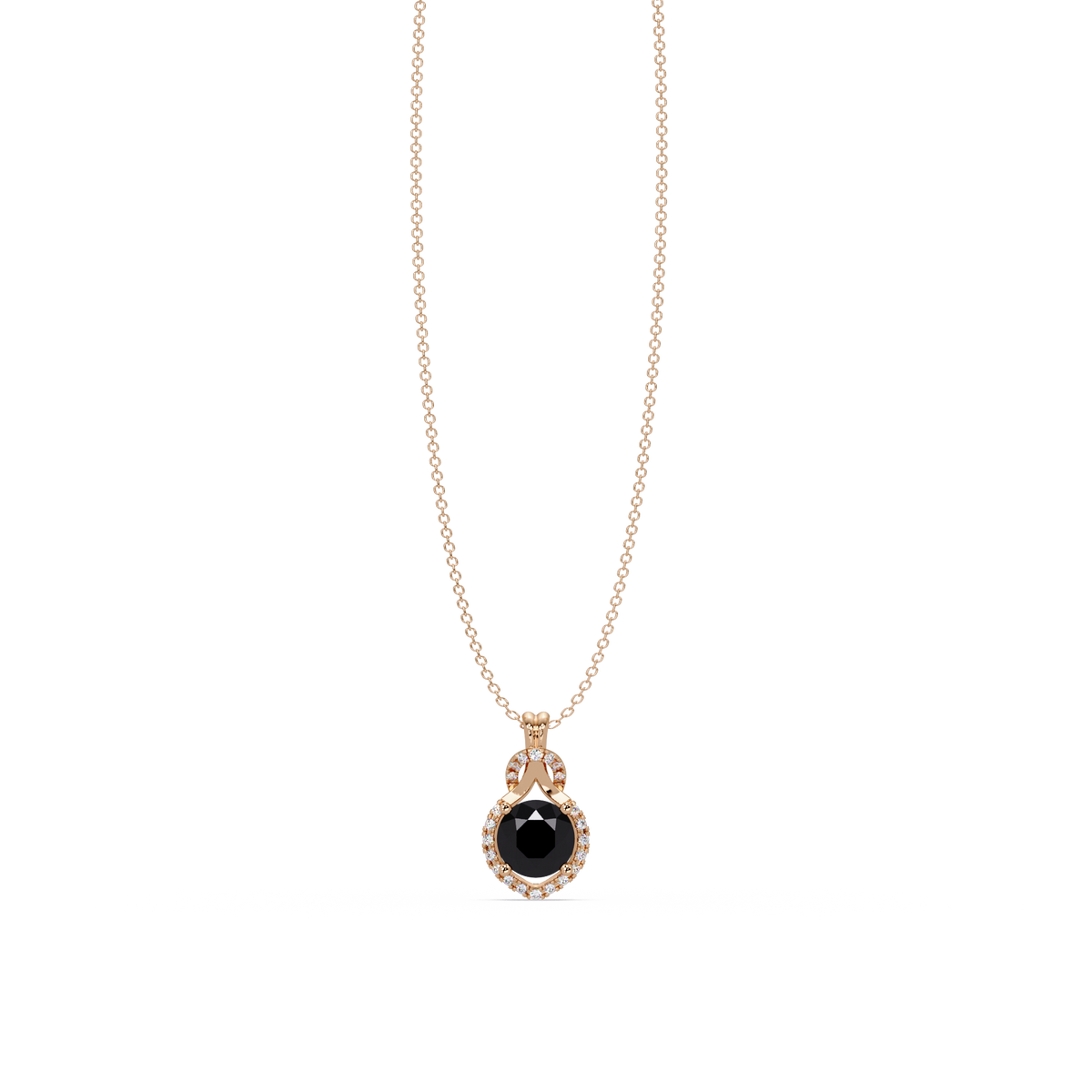 2.1 CTW Round Halo Circle Colorstone Pendant Necklace – Onyx Black – 14K Rose Gold