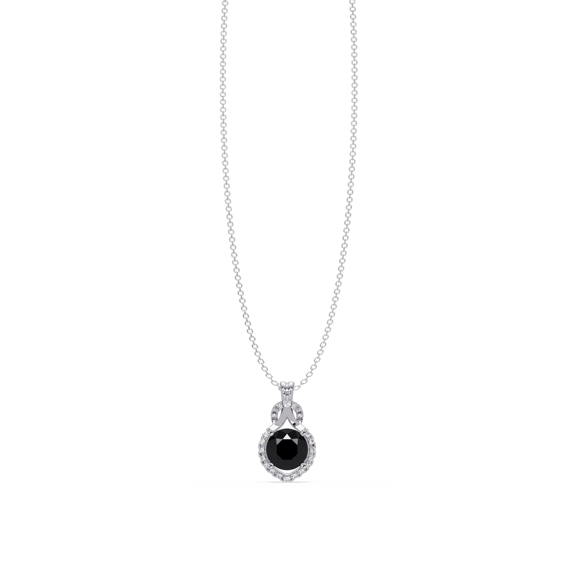2.1 CTW Round Halo Circle Colorstone Pendant Necklace – Onyx Black – 14K White Gold