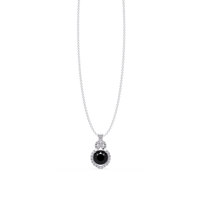 2.1 CTW Round Halo Circle Colorstone Pendant Necklace – Onyx Black – 14K White Gold