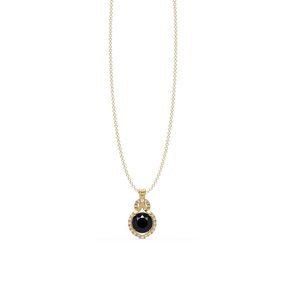 2.1 CTW Round Halo Circle Colorstone Pendant Necklace – Onyx Black – 14K Yellow Gold