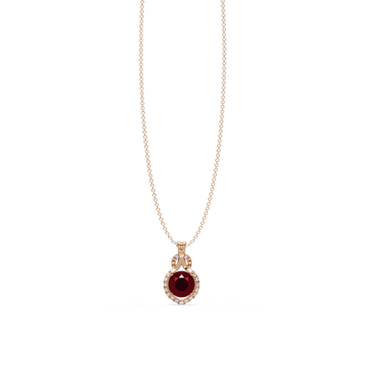 2.1 CTW Round Halo Circle Colorstone Pendant Necklace – Ruby Deep Red – 14K Rose Gold