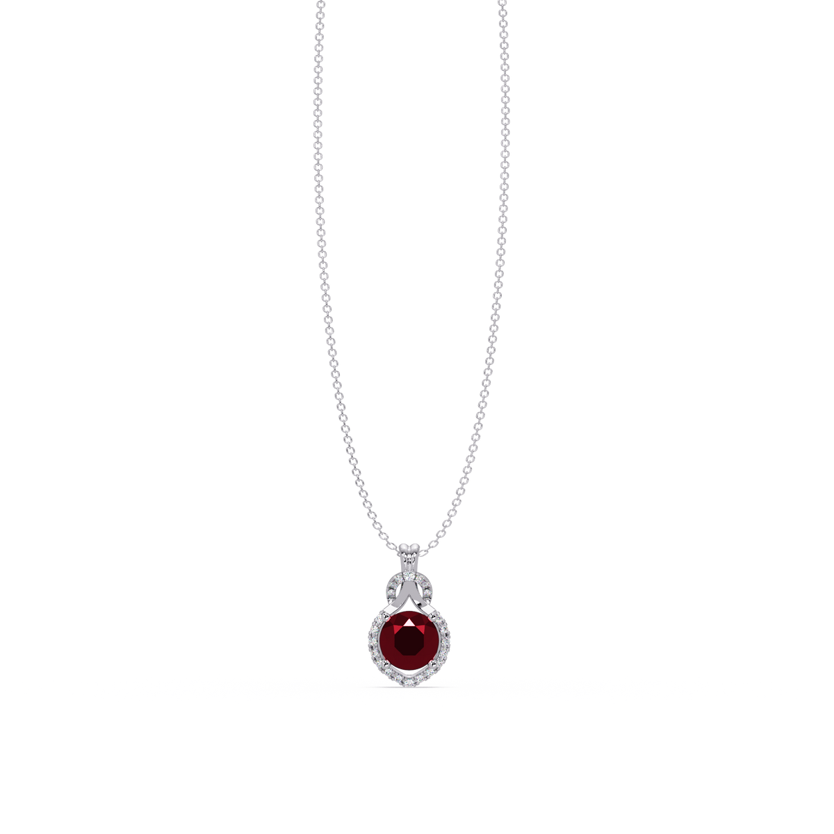 2.1 CTW Round Halo Circle Colorstone Pendant Necklace – Ruby Deep Red – 14K White Gold