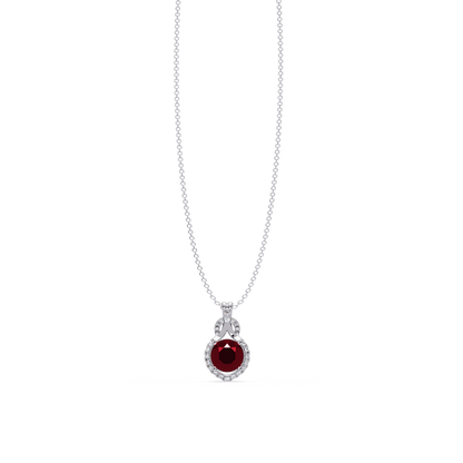 2.1 CTW Round Halo Circle Colorstone Pendant Necklace – Ruby Deep Red – 14K White Gold
