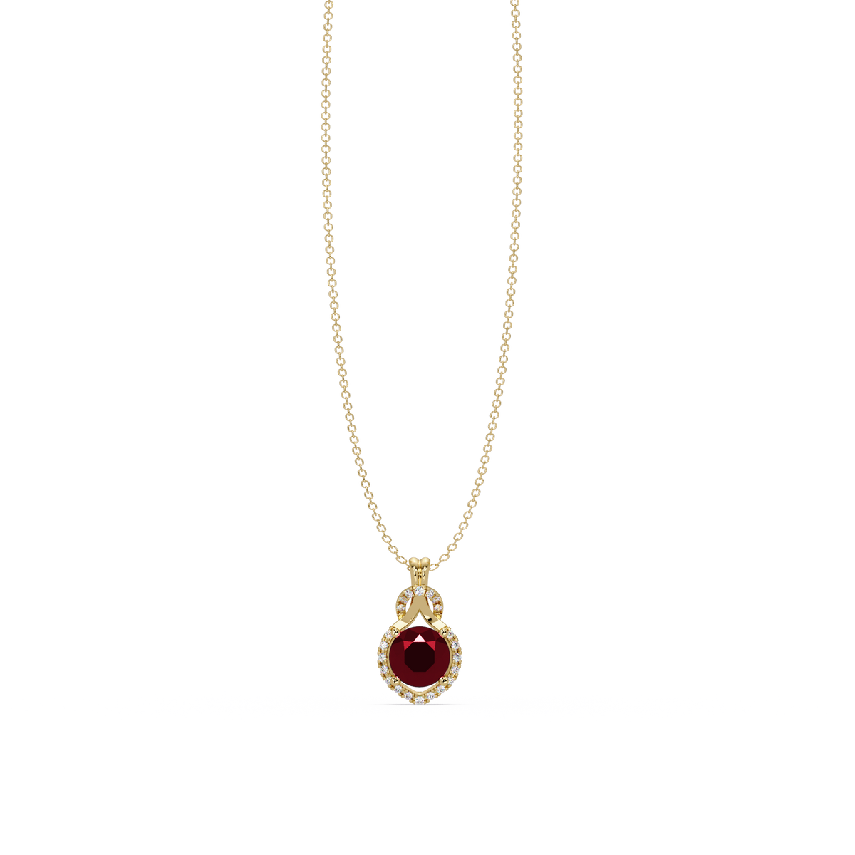 2.1 CTW Round Halo Circle Colorstone Pendant Necklace – Ruby Deep Red – 14K Yellow Gold