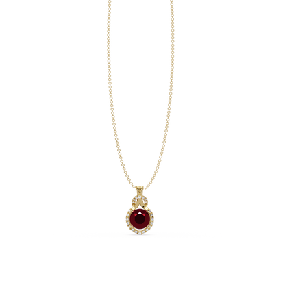 2.1 CTW Round Halo Circle Colorstone Pendant Necklace – Ruby Deep Red – 14K Yellow Gold