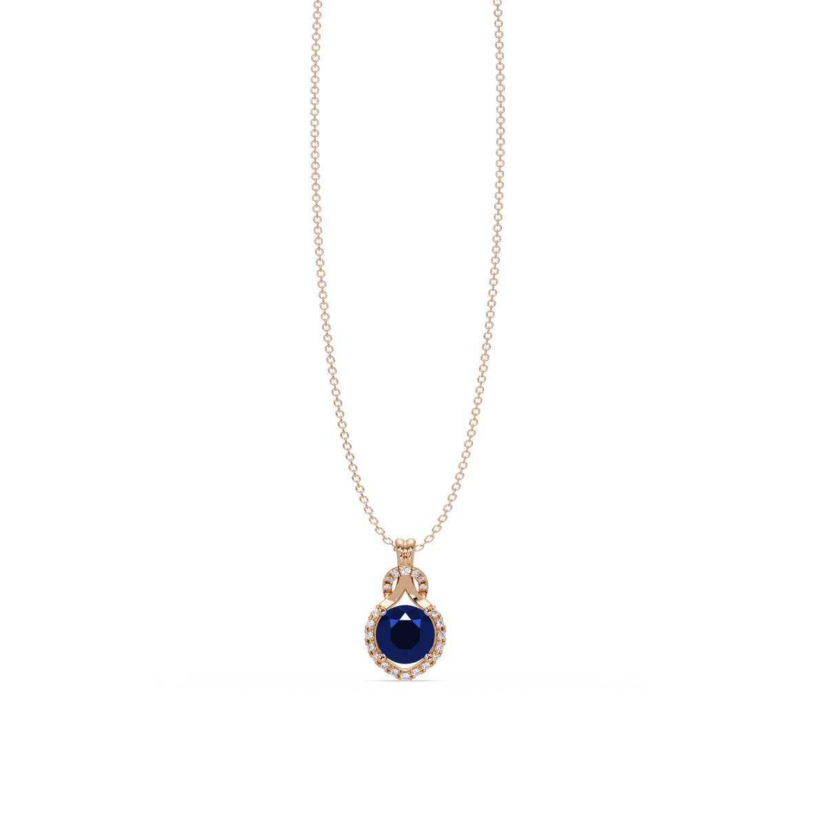 2.1 CTW Round Halo Circle Colorstone Pendant Necklace – Sapphire Royal Blue – 14K Rose Gold