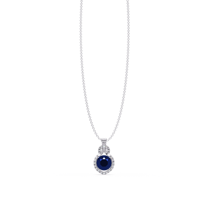 2.1 CTW Round Halo Circle Colorstone Pendant Necklace – Sapphire Royal Blue – 14K White Gold