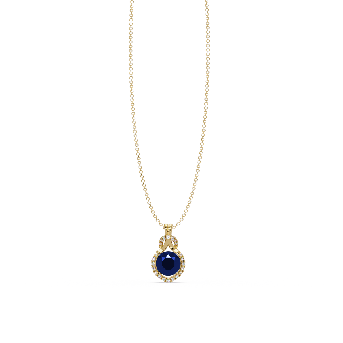 2.1 CTW Round Halo Circle Colorstone Pendant Necklace – Sapphire Royal Blue – 14K Yellow Gold