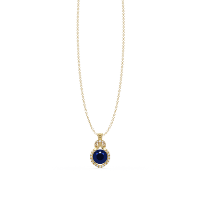 2.1 CTW Round Halo Circle Colorstone Pendant Necklace – Sapphire Royal Blue – 14K Yellow Gold