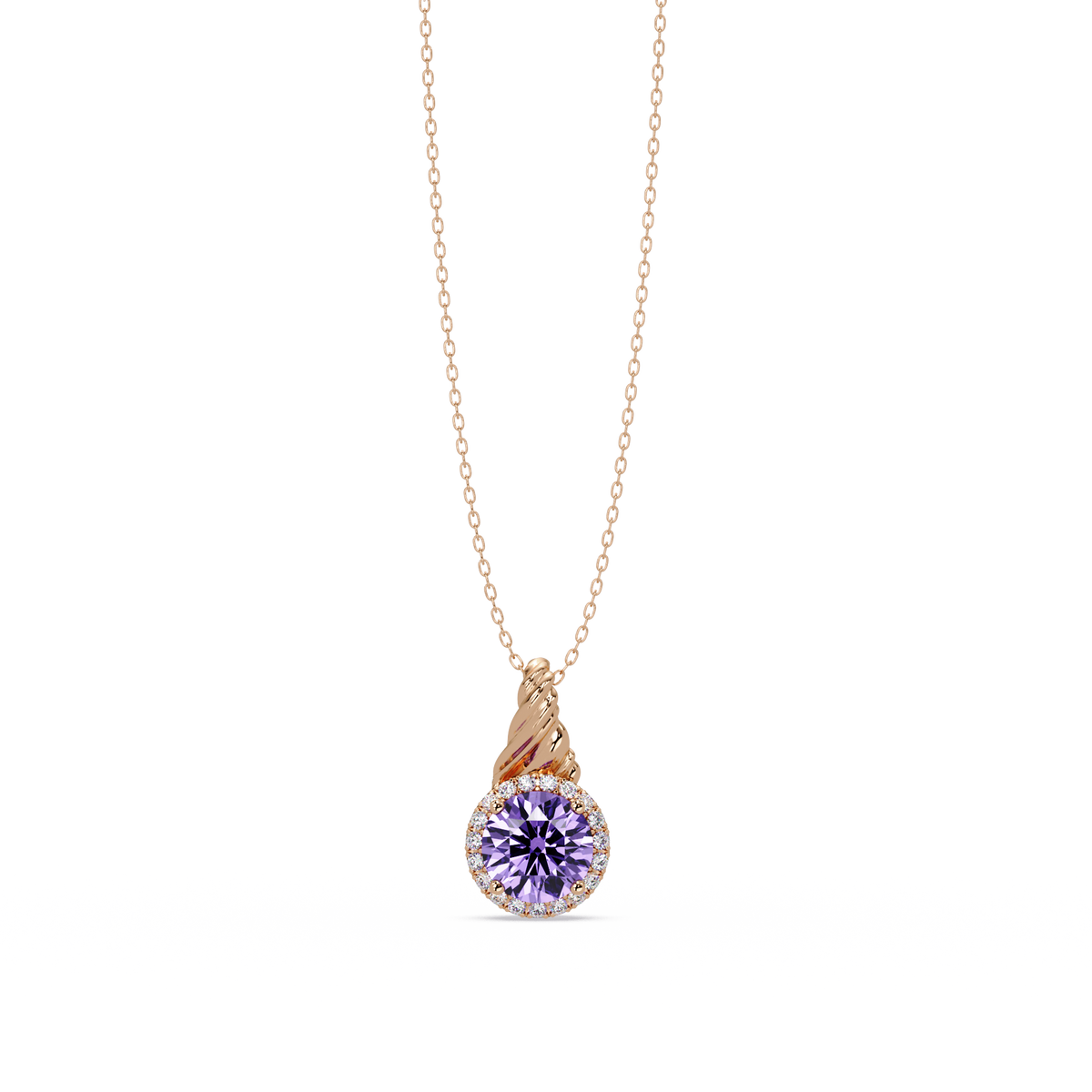 0.9 CTW Round Rope Bail Halo Colorstone Pendant Necklace - Amethyst Lavender - 14K Rose Gold
