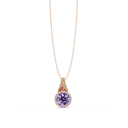 0.9 CTW Round Rope Bail Halo Colorstone Pendant Necklace - Amethyst Lavender - 14K Rose Gold