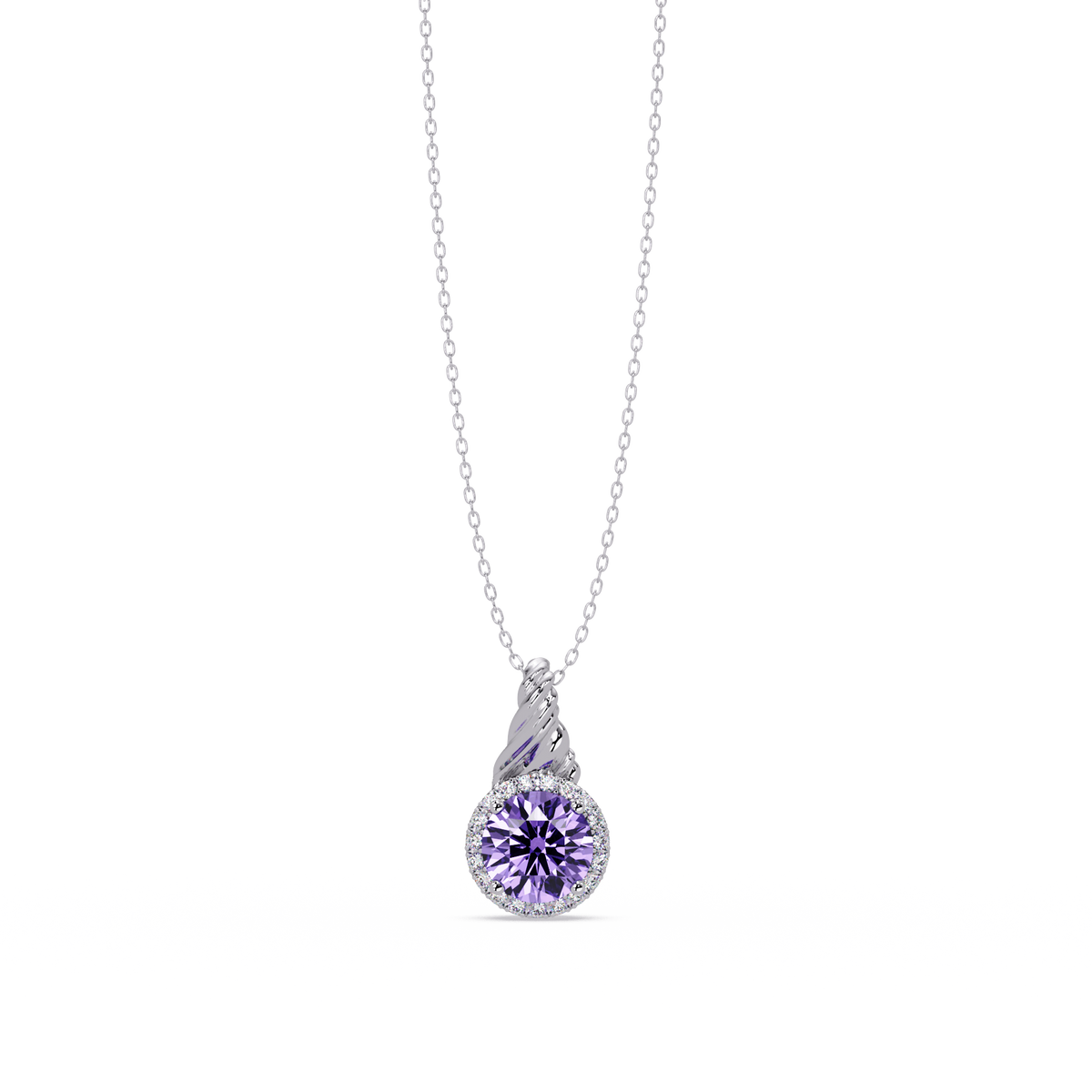0.9 CTW Round Rope Bail Halo Colorstone Pendant Necklace - Amethyst Lavender - 14K White Gold