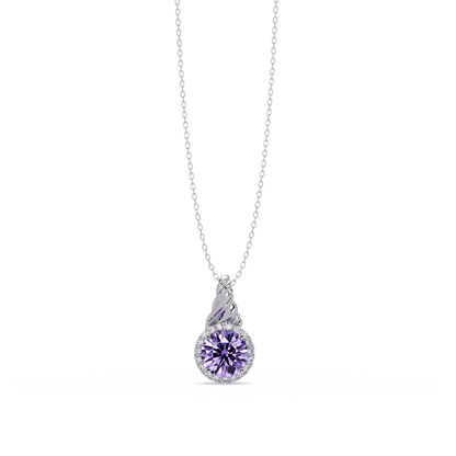 0.9 CTW Round Rope Bail Halo Colorstone Pendant Necklace - Amethyst Lavender - 14K White Gold
