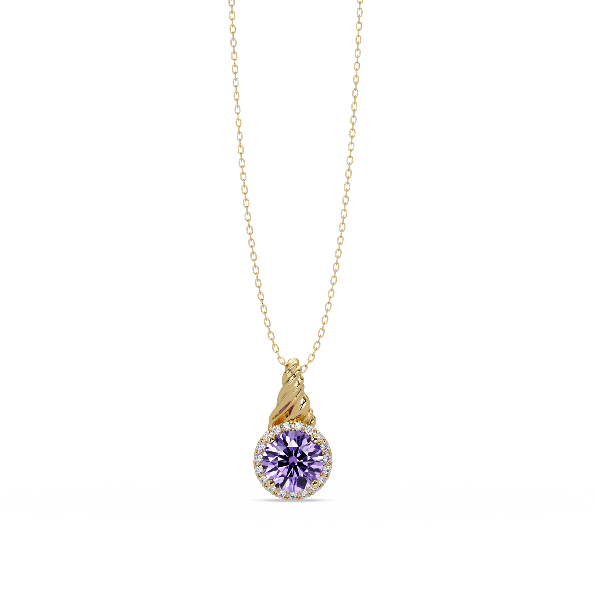 0.9 CTW Round Rope Bail Halo Colorstone Pendant Necklace - Amethyst Lavender - 14K Yellow Gold