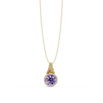 0.9 CTW Round Rope Bail Halo Colorstone Pendant Necklace - Amethyst Lavender - 14K Yellow Gold
