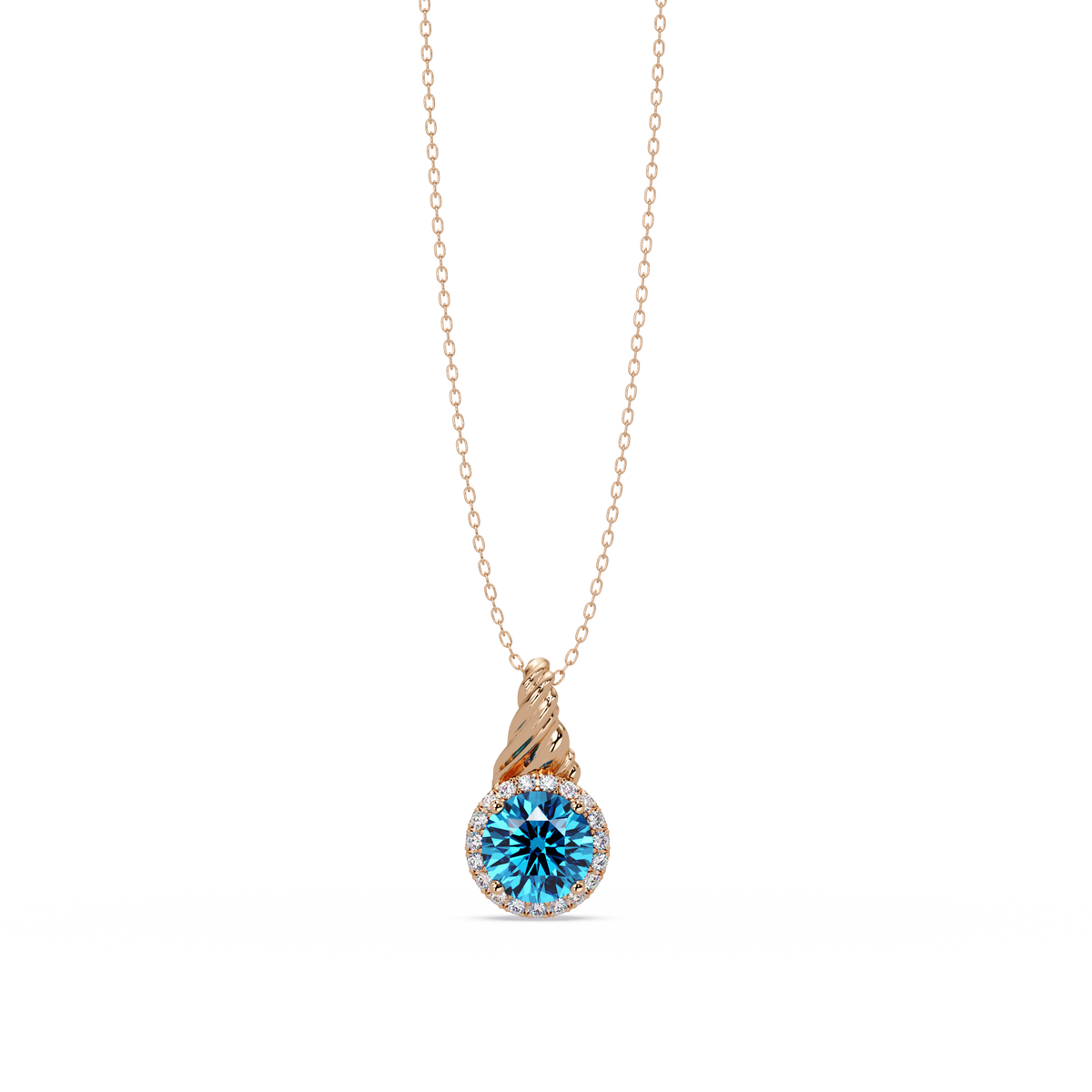 0.9 CTW Round Rope Bail Halo Colorstone Pendant Necklace - Aquamarine Sky Blue - 14K Rose Gold