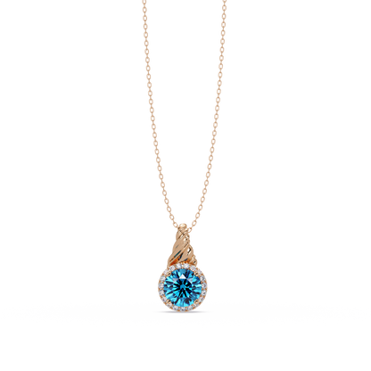 0.9 CTW Round Rope Bail Halo Colorstone Pendant Necklace - Aquamarine Sky Blue - 14K Rose Gold