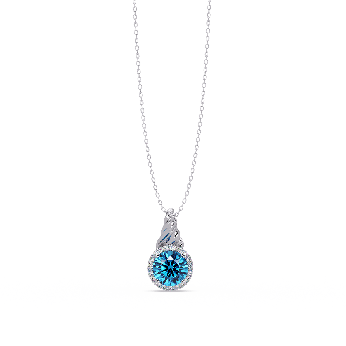 0.9 CTW Round Rope Bail Halo Colorstone Pendant Necklace - Aquamarine Sky Blue - 14K White Gold