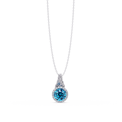 0.9 CTW Round Rope Bail Halo Colorstone Pendant Necklace - Aquamarine Sky Blue - 14K White Gold