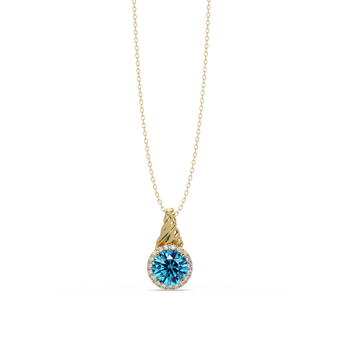 0.9 CTW Round Rope Bail Halo Colorstone Pendant Necklace - Aquamarine Sky Blue - 14K Yellow Gold