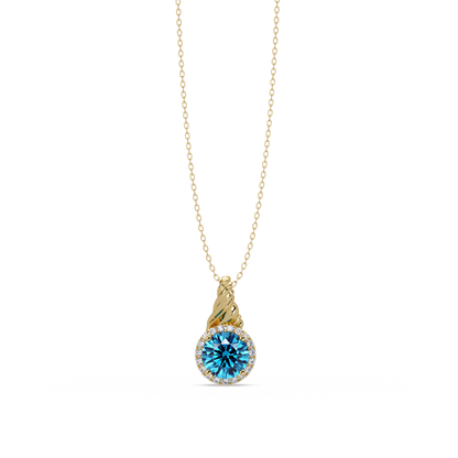 0.9 CTW Round Rope Bail Halo Colorstone Pendant Necklace - Aquamarine Sky Blue - 14K Yellow Gold