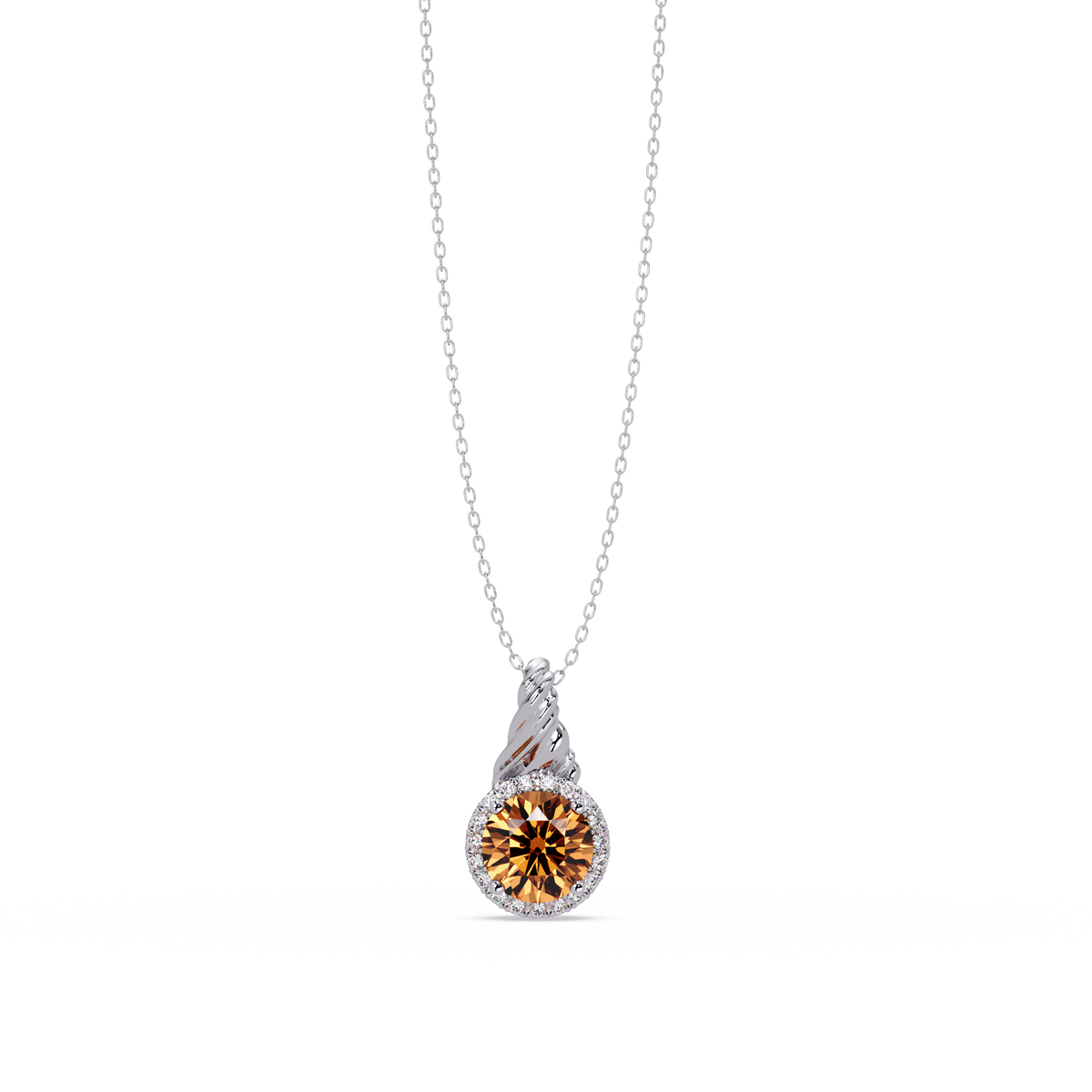 0.9 CTW Round Rope Bail Halo Colorstone Pendant Necklace - Champagne Topaz Amber - 14K White Gold