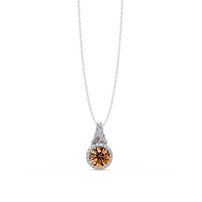 0.9 CTW Round Rope Bail Halo Colorstone Pendant Necklace - Champagne Topaz Amber - 14K White Gold