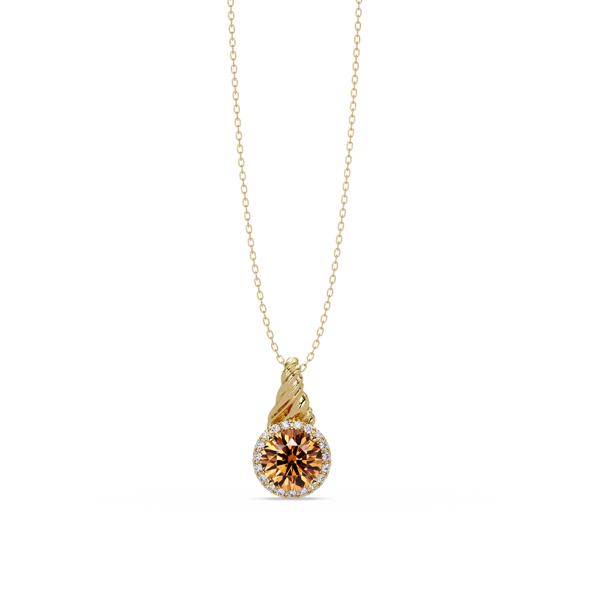 0.9 CTW Round Rope Bail Halo Colorstone Pendant Necklace - Champagne Topaz Amber - 14K Yellow Gold