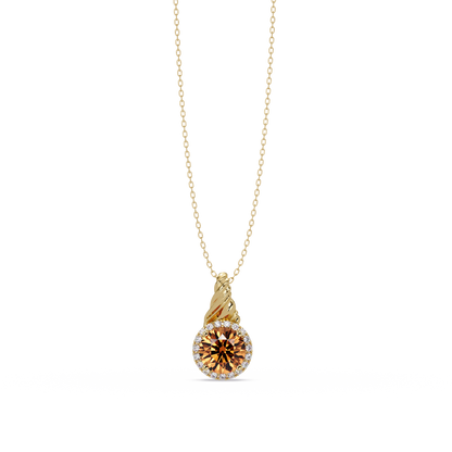 0.9 CTW Round Rope Bail Halo Colorstone Pendant Necklace - Champagne Topaz Amber - 14K Yellow Gold